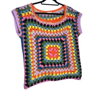 Bohemian Multicolor Granny Square Scoop Neck Sweater